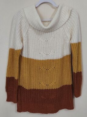Derek Heart Cream, Mustard & Rust Colorblock Cowl Sweater